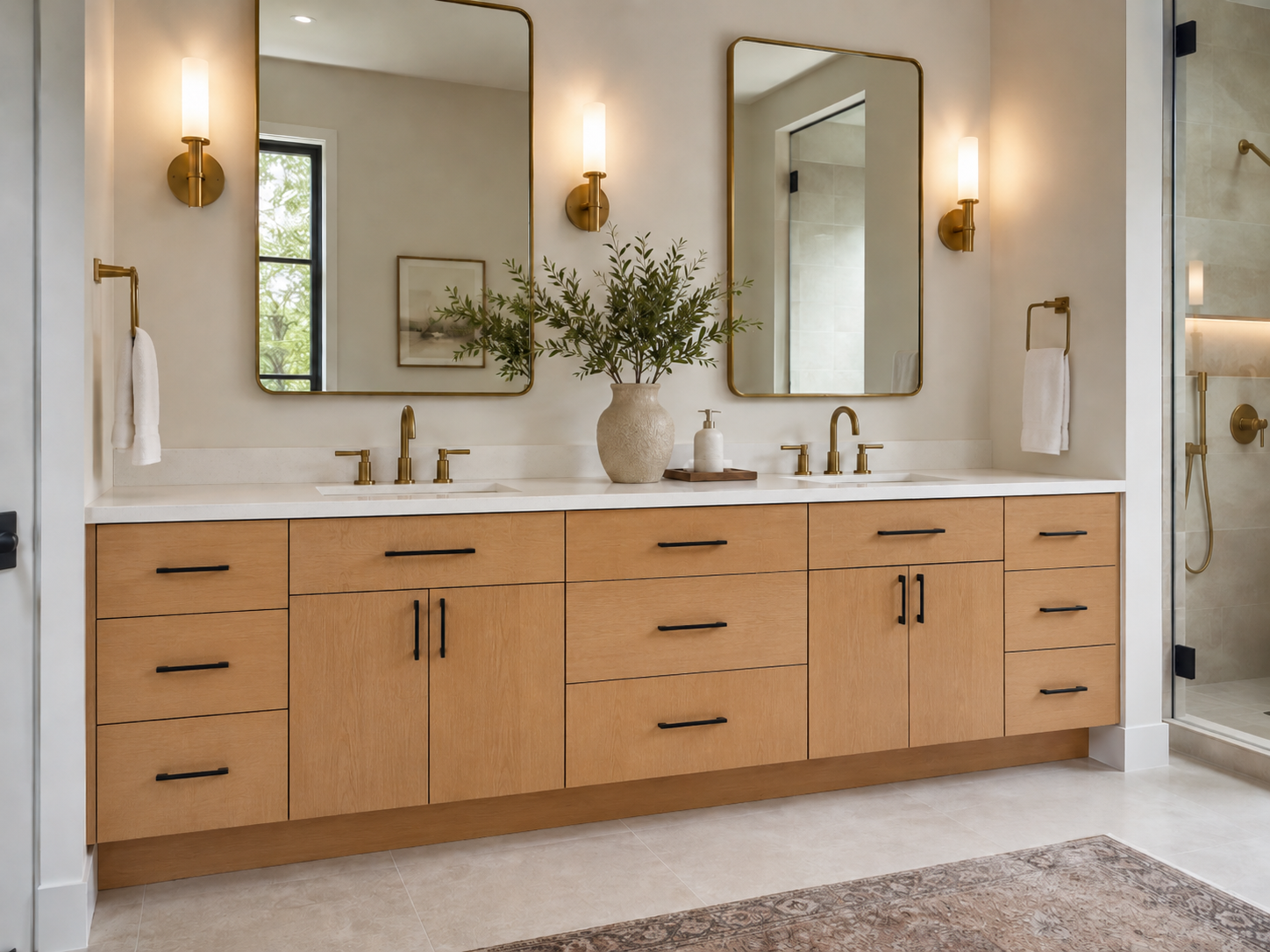 Light wood slab vanity with double mirrors and matte black hardware